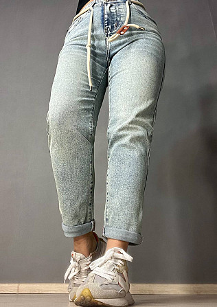 Джинси жіночі Dicesil 9157 Mom jeans comfort висока талія стрейчеві ремінь мотузка світло блакитні , Одеса - фото 3