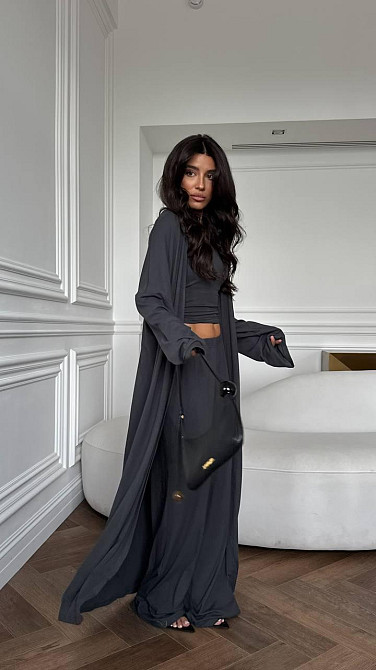 Женский базовый костюм тройка (кардиган+штаны+лонг) вискоза Графит, 42/46 Одесса - изображение 1