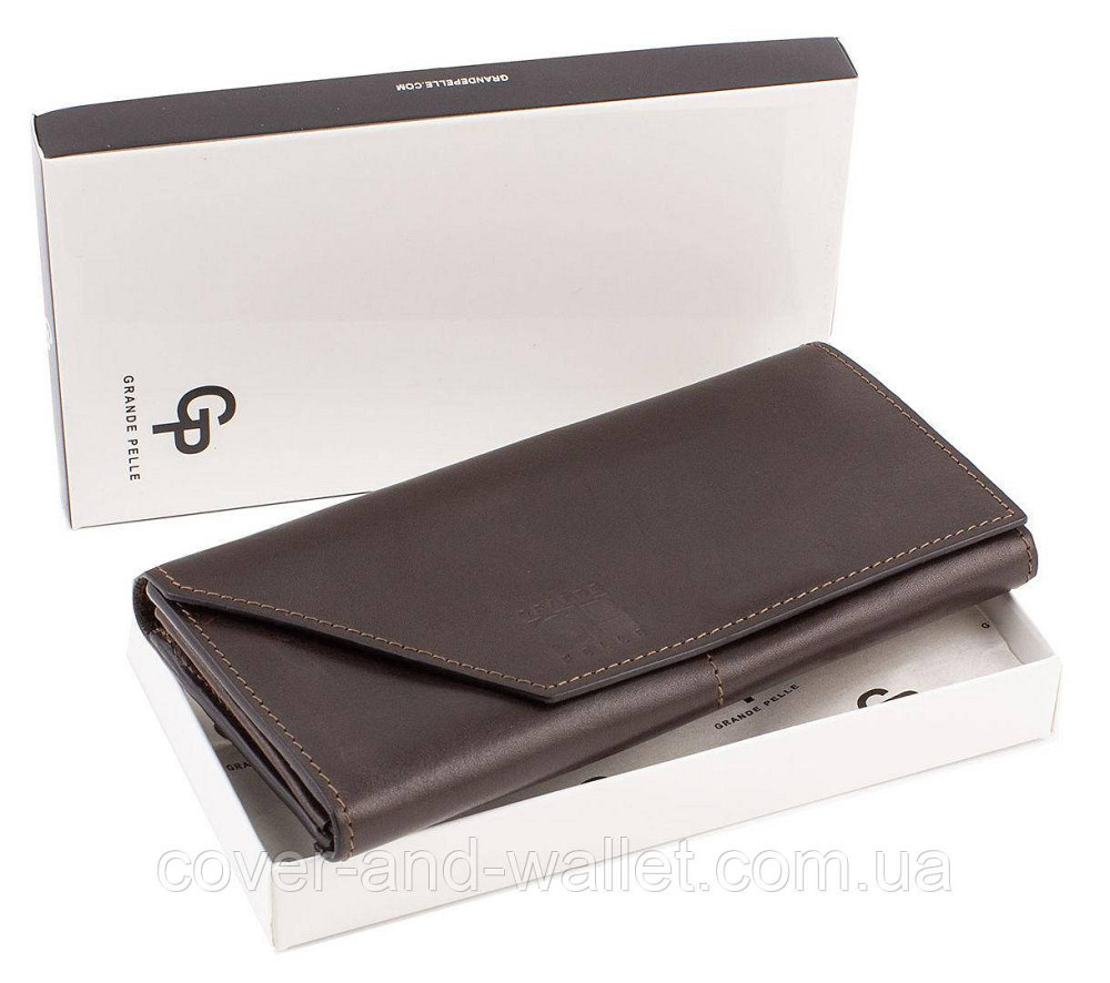 Женский длинный кошелёк из глянцевой кожи цвет шоколад Grande Pelle Festa 513620 Киев - изображение 10