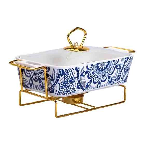 Мармит фарфоровый со стеклянной крышкой 38х18.5х15.5 см на металлической подставке 1 л SA1107-S Киев