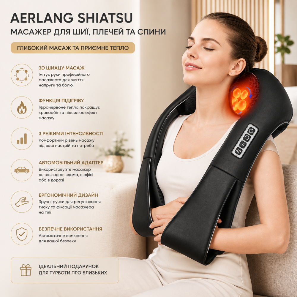 Массажер для шеи и спины AERLANG Shiatsu роликовый массажер для плеч и тела с подогревом и автомобильным адаптером Киев - изображение 10