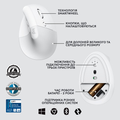 Мышка Logitech Lift Vertical Ergonomic Wireless/Bluetooth for Business Off-white (910-006496) Винница - изображение 6