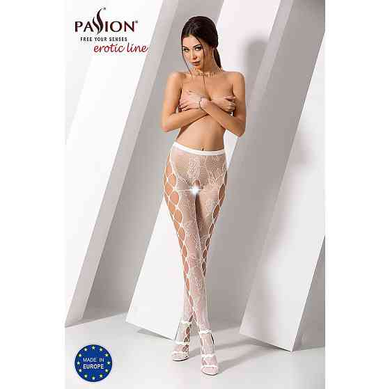 Эротические колготки-бодистокинг Passion S008 white, ажурные колготки с вырезом и лампасами-сеткой Sex Aura Киев
