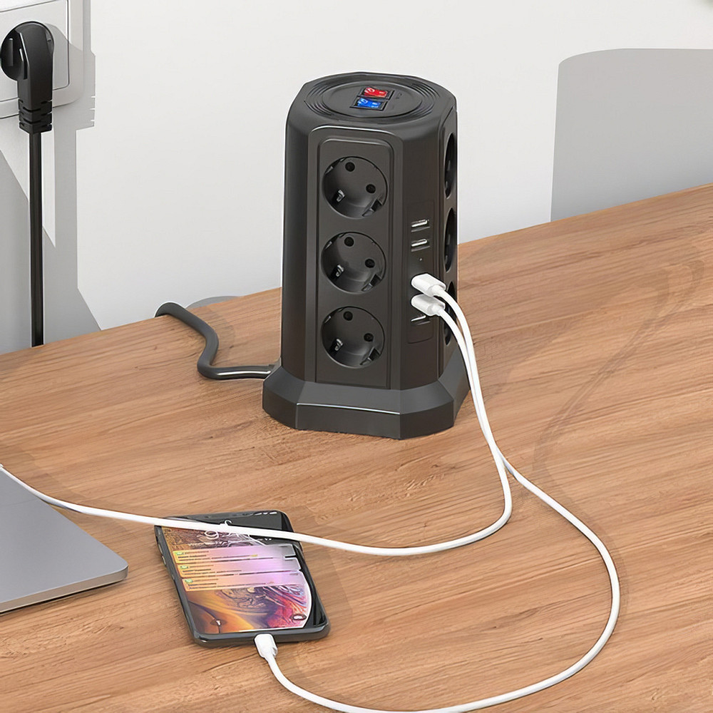 Удлинитель переноска сетевая на 12 розеток с 5 USB длина 1.8м, в цвете черный Каменец-Подольский - изображение 3