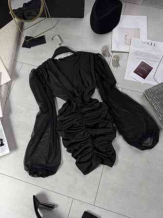 Женское драпированное черное мини платье микродайвинг + сетка Одесса