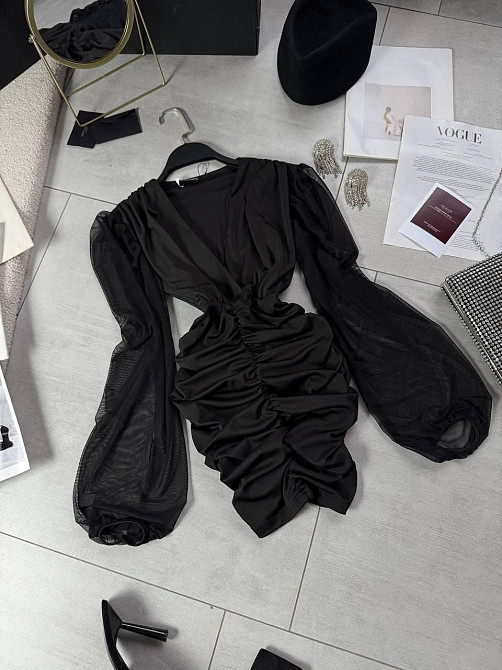 Жіноча драпірована чорна міні сукня мікродайвінг + сітка Одеса - фото 6