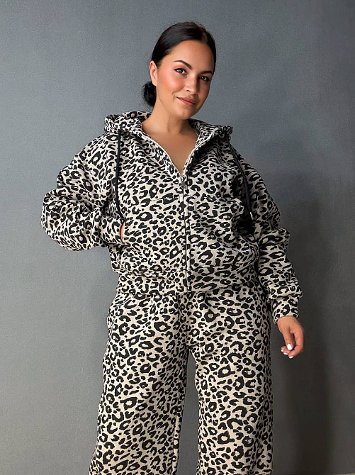 Костюм женский W 9231 леопардовый утепленный флис худи и брюки палаццо коричневый, коричневый, S Киев - изображение 13