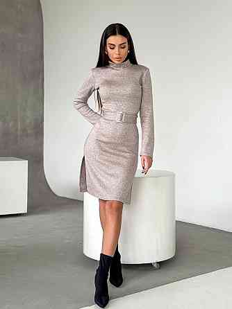 Женское стильное теплое и удобное платье с разрезами в длине миди турецкое двухстороннее ангора люкс Беж, 42/44 Одесса