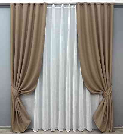 Комплект штор VR-Textil Лен Мешковина 100х270 2шт и Тюль 300х270 825ш-115т Темно-бежевый с белым 71-017/1 Киев