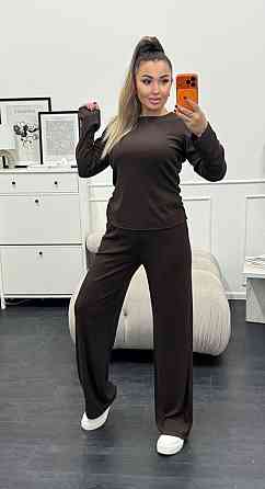 Женский базовый костюм двойка: лонгслив и штаны трикотажный рубчик Шоколадный, 42/44 Одесса