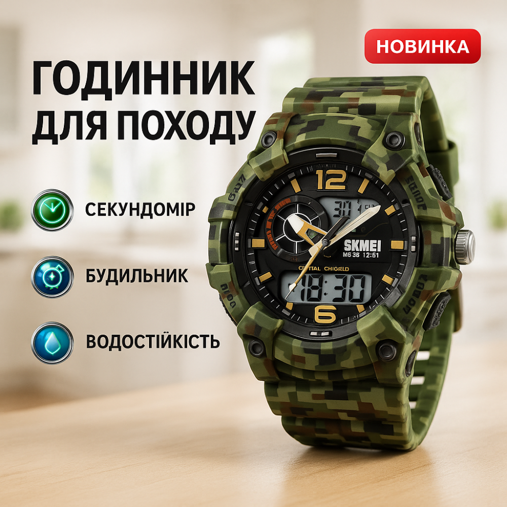 Тактические армейские часы водонепроницаемые SKMEI 2397CMGN, Часы для рыбалки и активного отдыха UN-54 Львов - изображение 5
