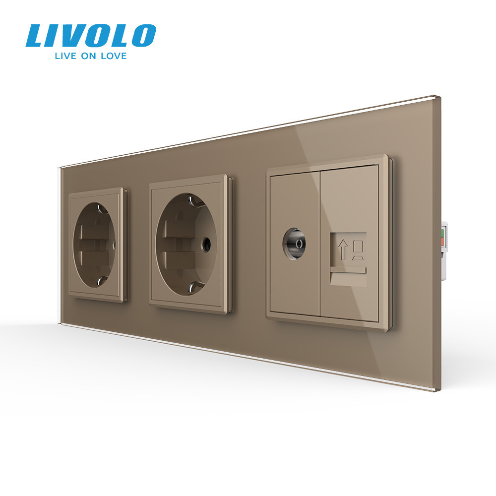 Розетка тримісна комбінована Силова Інтернет ТБ Livolo золото скло (VL-C7C2EU1C1V-13) Коломыя - изображение 5