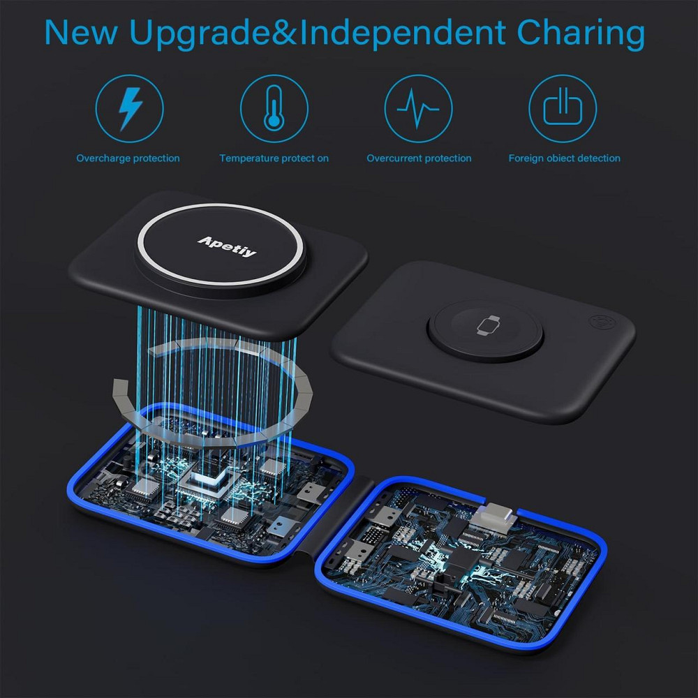 Складана зарядна станція 3в1 Apetiy, MagSafe, для iPhone, Apple Watch, AirPods, 18W адаптер, чорна Київ - фото 5