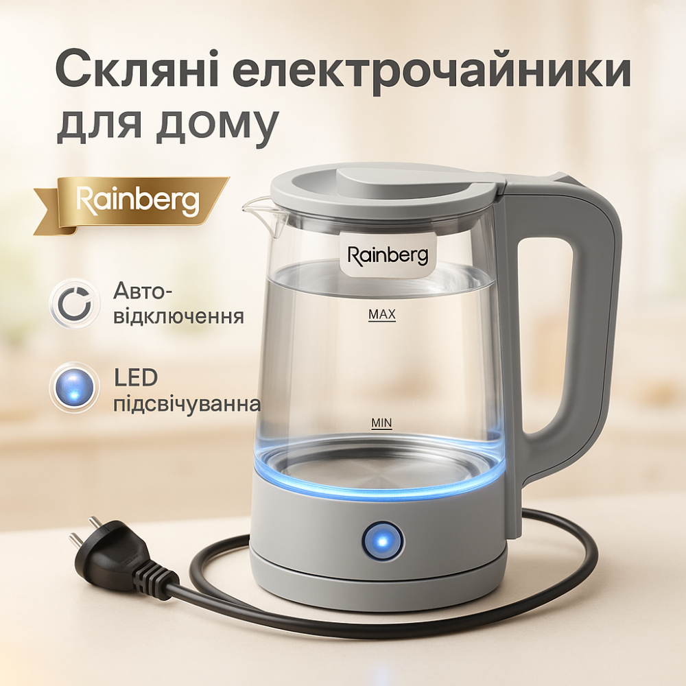 Електрочайник зручний Rainberg RB-2220 2200 Вт 2 л, Скляний електрочайник з led підсвічуванням AB-10 Львів - фото 14