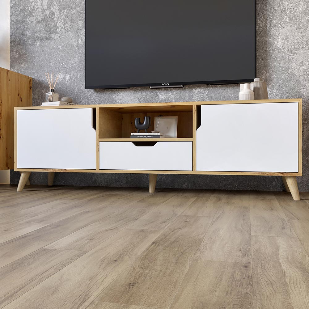 Тумба під телевізор з ніжками в кольорі Горіх світлий М-ЗОН Борн 1600 Дуб Артизан/Німфея Альба (білий) (MZN-031081) Львів - фото 1