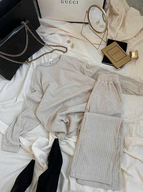 Жіночий базовий теплий костюм: кофта та штани ангора рубчик Бежевий, 42/44 Одеса - фото 2