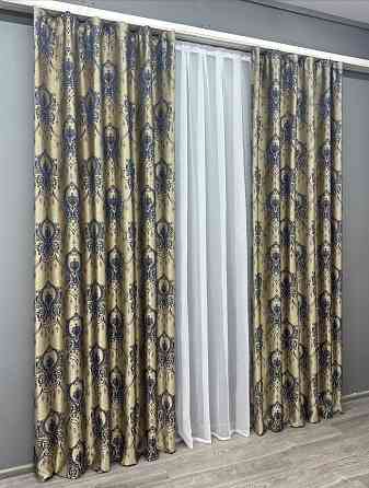Комплект готових штор VR-Textil Парча № 1776ш Бежевий з синім 155х290 см 2 шт (33-0737) Київ