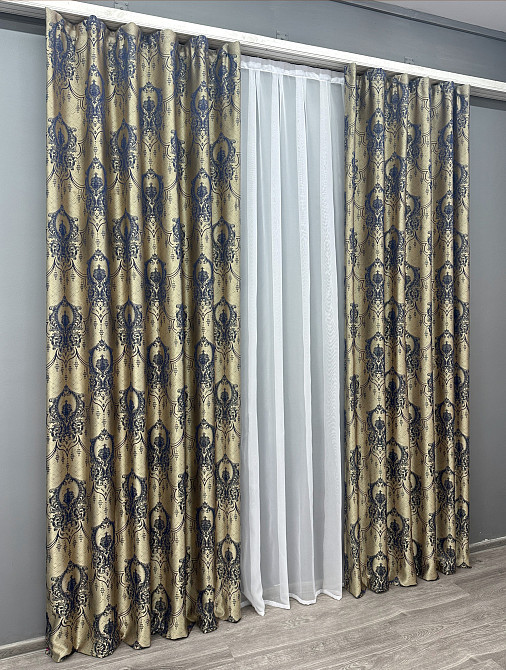 Комплект готовых штор VR-Textil Парча № 1776ш Бежевый с синим 155х290 см 2 шт (33-0737) Киев - изображение 4