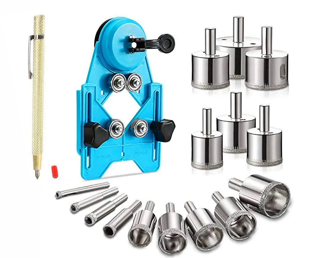 Набор для сверления и резки плитки/стекла: алмазные коронки + направляющий кондуктор + ручка-стеклорез (маркер-резак) (822760617) Киев - изображение 1