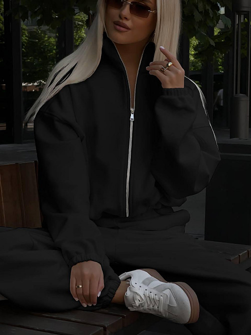 Женский теплый базовый костюм двойка в спортивном стиле трехнить на флисе Черный, 46/48 Одесса - изображение 2