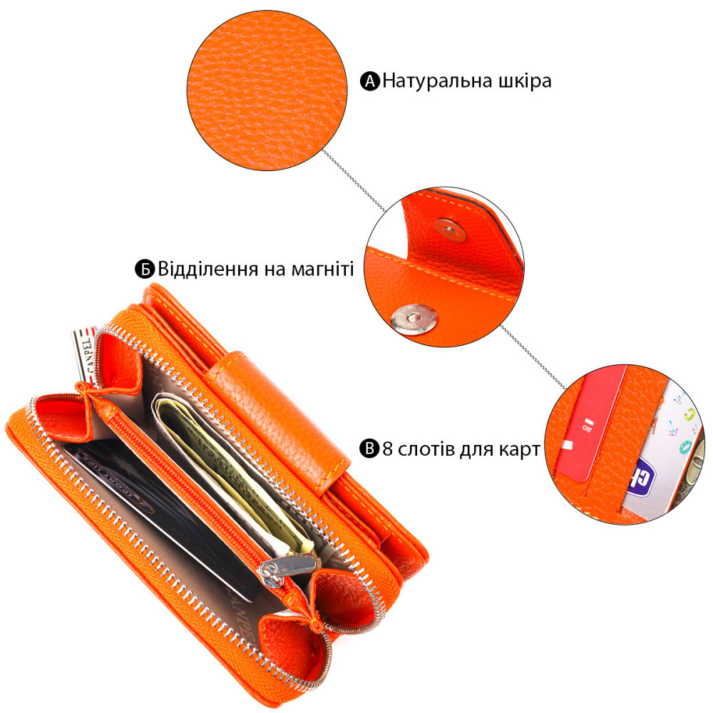 Яскраве вертикальне портмоне для жінок із монетницею на блискавці з натуральної шкіри флотар Помаранчеве (CANPELLINI) Київ - фото 9