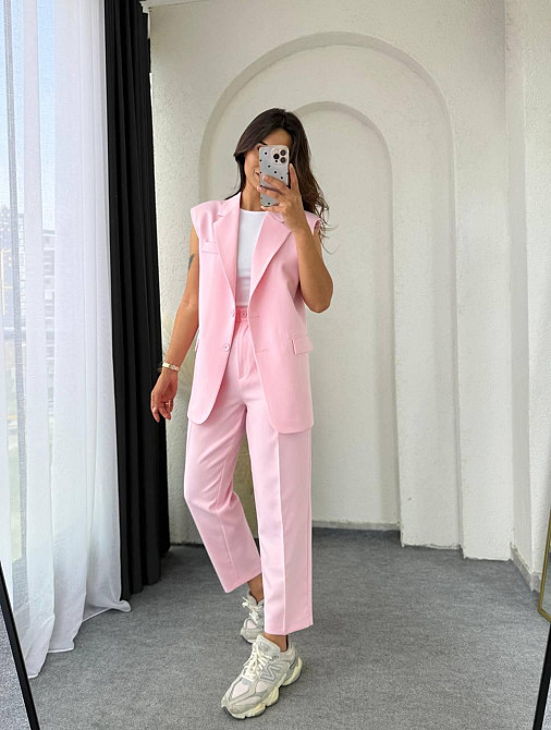 Жіночий базовий брючний костюм-двійка: жилет і штани креп костюмка Рожевий, 50/52 Одеса - фото 5