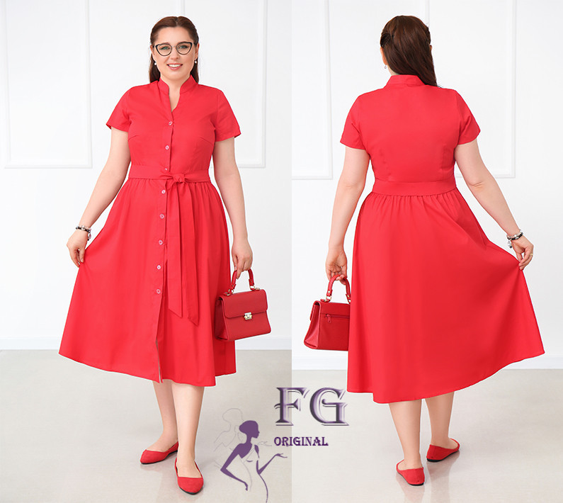 Довга котонова сукня на гудзиках "Lesley" оптом | Батал Червоний, 50-52 Київ - фото 1