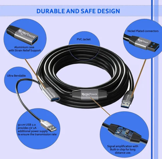 Активний кабель подовжувач USB 3.0 з 2 підсилювачами та USB-блоком живлення MutecPower 15м Луцьк