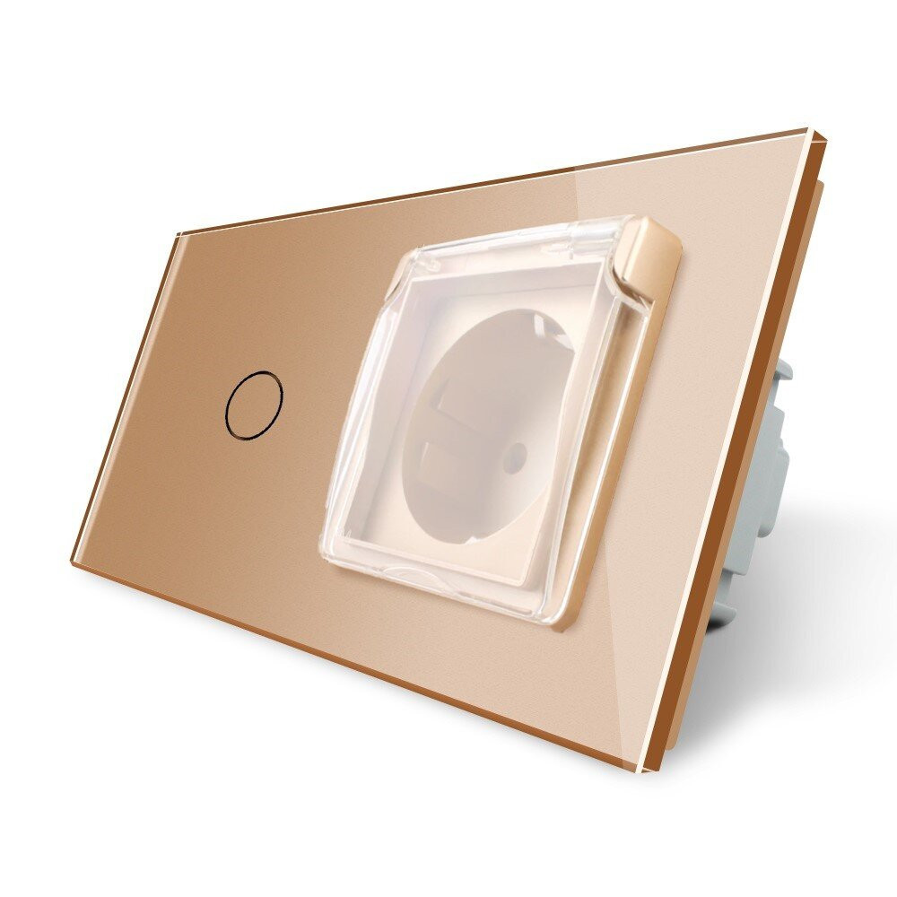 Сенсорний вимикач + розетка вологозахисна з кришкою IP44, з заземленням, золота скляна рамка, шторки, LIVOLO (VL-C701/C7C1EUWF-13) Коломыя - изображение 2