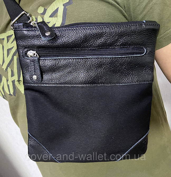 Тонка чоловіча текстильна сумка на плече зі шкіряними вставками Puos Київ - фото 10