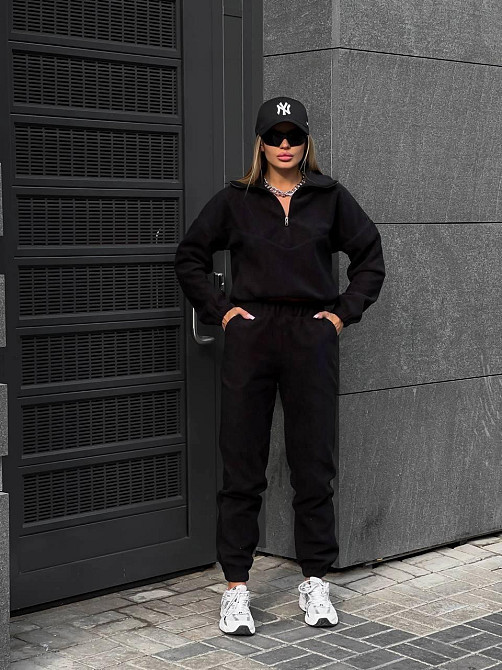 Жіночий стильний теплий флісовий костюм-двійка, двосторонній фліс. Чорний, 48/52 Одеса - фото 1