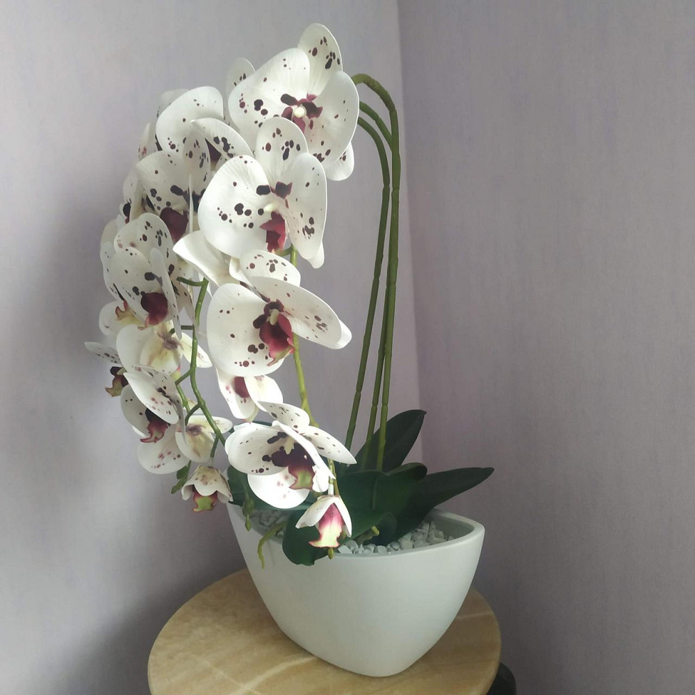 Штучна латексна орхідея VIP в керамічному кашпо на три гілки біла з бордовою крапкою. Дніпро - фото 5
