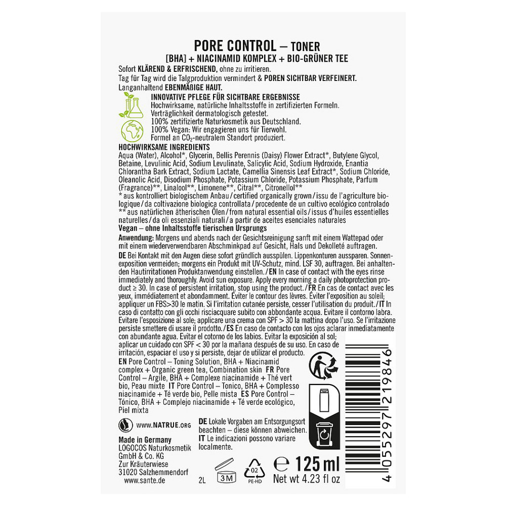 БИО-Тоник PORE CONTROL для комбинированной кожи лица с BHA-кислотой SANTE ниацинамидным комплексом и зеленым чаем SANTE 125 мл Киев - изображение 2