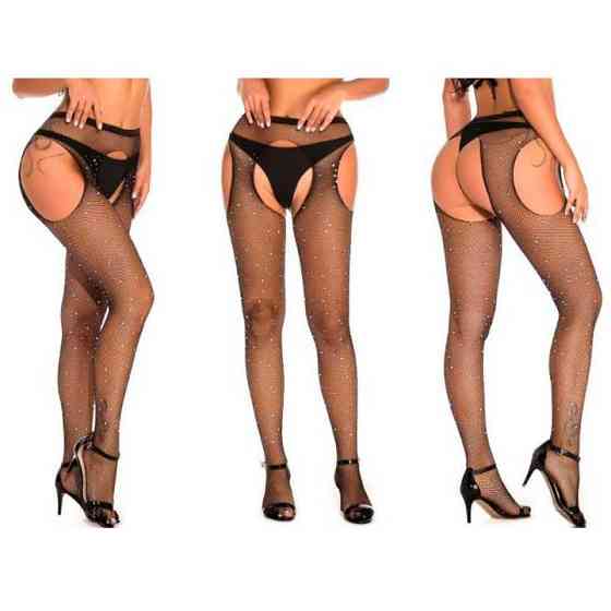 Колготки Very Sexy Shine с открытым доступом и стразами - Чёрный - XS/S/M (1/2/3) – Эротическое бельё Винница