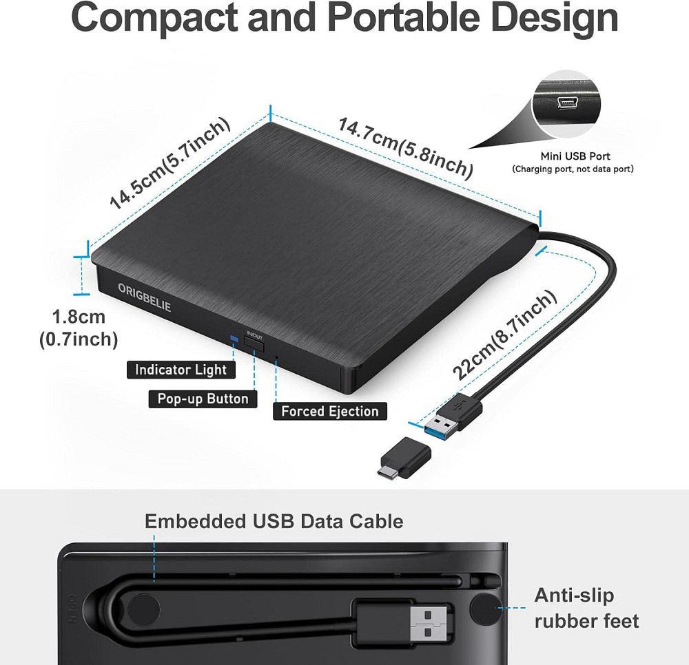 Зовнішній CD/DVD-привід USB 3.0 ORIGBELIE (товар з вітрини) Луцьк - фото 3