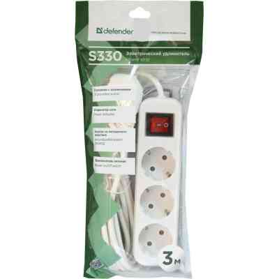 Мережевий подовжувач Defender S330 3.0 m 3 роз switch white (99234) Вінниця