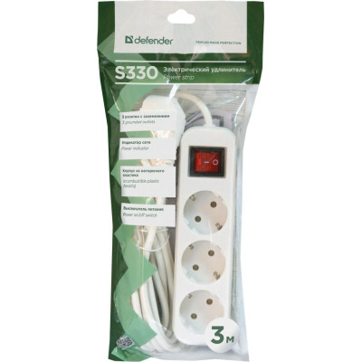Сетевой удлинитель Defender S330 3.0 m 3 роз switch white (99234) Винница - изображение 4