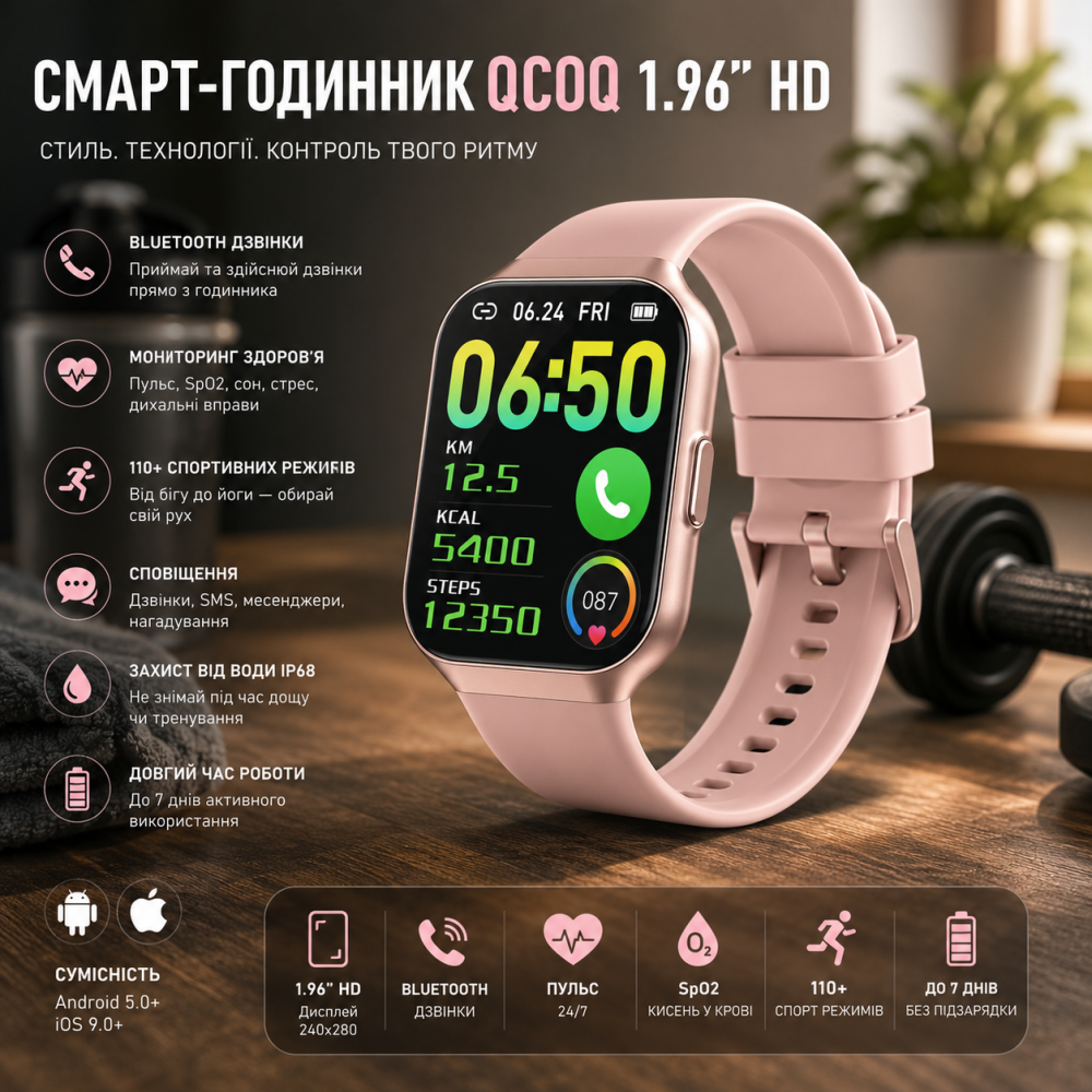 Смарт-годинник QCOQ 1.96" HD, Bluetooth дзвінки, пульс, SpO2, 110+ спортивних режимів, фітнес-трекер для Android та iOS Київ - фото 11