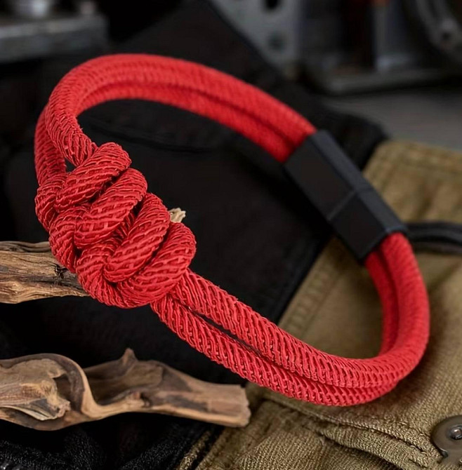 Браслет червоний з вузлом, плетений браслет на руку, нейлоновий аксесуар унісекс зі сталевою застібкою Київ - фото 1