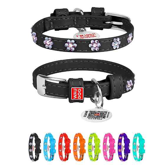 Нашийник для собак шкіряний WAUDOG Glamour з QR паспортом, з клейовими стразами "Квіти", Ш 9 мм Коломия