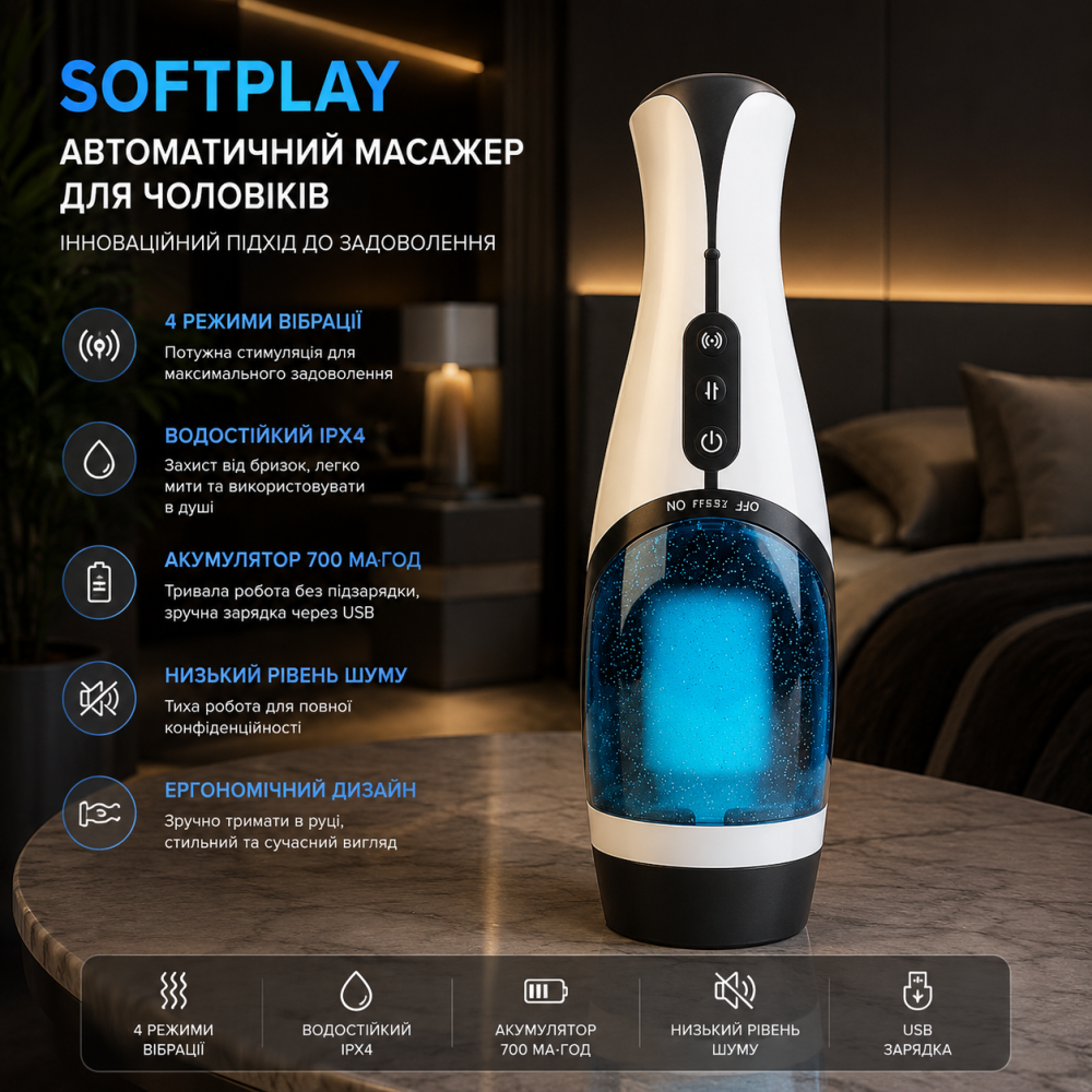 Автоматичний чоловічий мастурбатор Softplay USB, 4 режими вібрації, водостійкий IPX4, акумулятор 700 мА·год, синій Київ - фото 11
