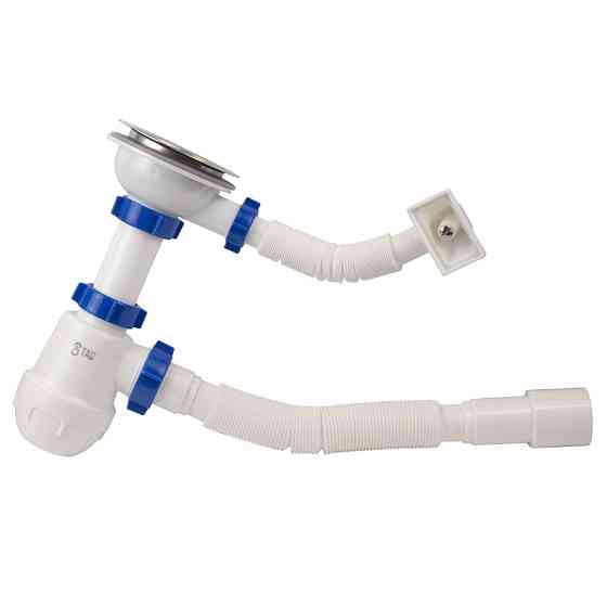 TAU Сифон для кухонной мойки с нержавеющим выпуском 3½" квадратным переливом и гибким отводом Ø Київ