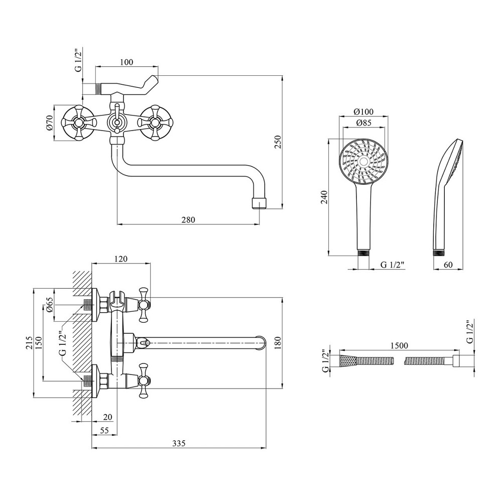 Смеситель для ванны Kroner KRM Rhein - C073 с душевым гарнитуром, хром Киев - изображение 2