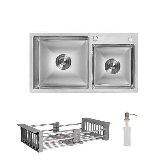 Комплект Lidz Handmade H7843 Мойка для кухни с двумя чашами интегрированная Brushed в комплекте с дозатором + Lidz K01G Корзина Киев