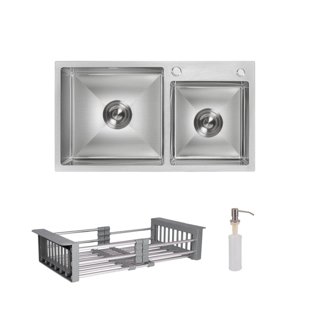 Комплект Lidz Handmade H7843 Мойка для кухни с двумя чашами интегрированная Brushed в комплекте с дозатором + Lidz K01G Корзина Киев - изображение 1