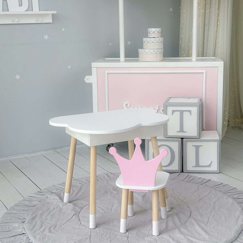 Столик облачко с удобной нишей 54х68х50 и стульчик корона 26х26х24, стол и стул в детскую, белый с розовым Каменское - изображение 18