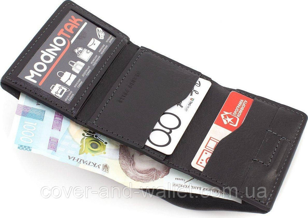 Универсальный мини кошелек вертикального типа из натуральной кожи черного цвета Grande Pelle Киев - изображение 7