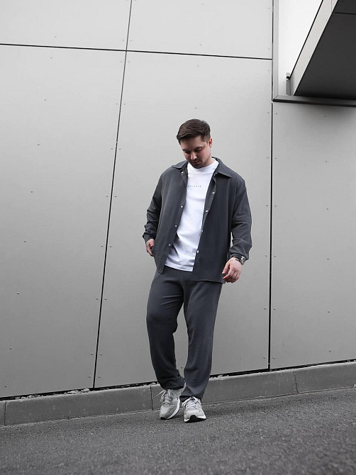 Чоловічий літній костюм Casual сорочка і штани Оверсайз жатка весна літо SANE графіт Одеса - фото 3