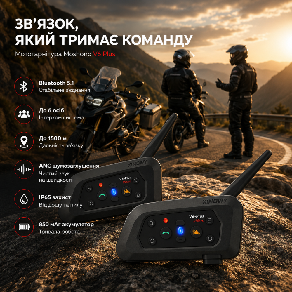 Мотогарнітура Moshono V6 Plus Bluetooth 5.1 для шолома, інтерком до 6 осіб, 1500 м, ANC, IP65, акумулятор 850 мАг, чорна Київ - фото 10