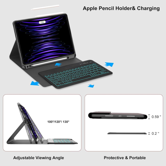 Чехол-клавиатура JADEMALL для iPad Pro 12.9″ 3/4/5/6 Gen 2018–2022, Bluetooth, QWERTZ, подсветка, синий Киев